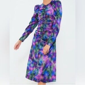 NWT Ganni Multicolor Tie-Dye Ruched Long-Sleeve Midi Dress